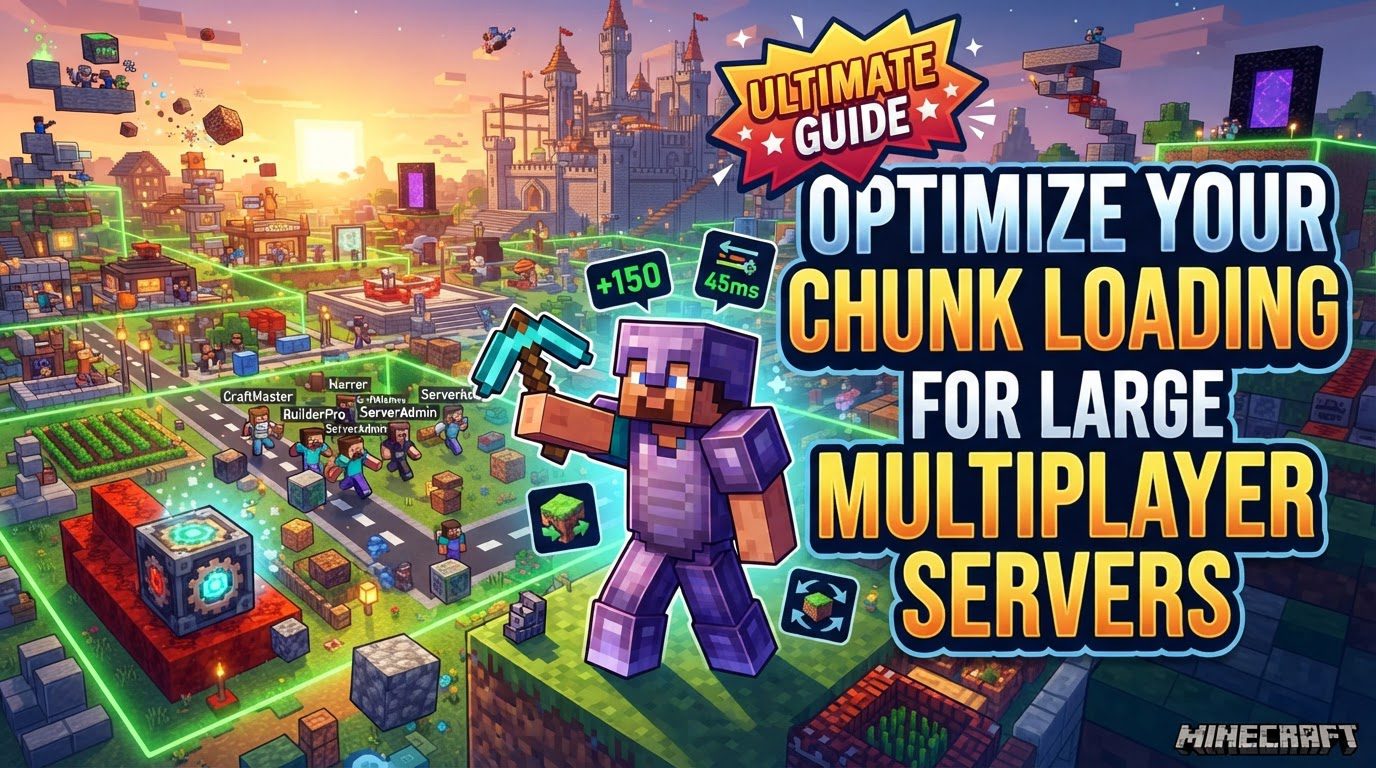 A Minecraft server console displaying performance metrics with green graphs indicating healthy TPS and CPU usage, overlaid on a blurred background of a vast, pre-generated Minecraft world.