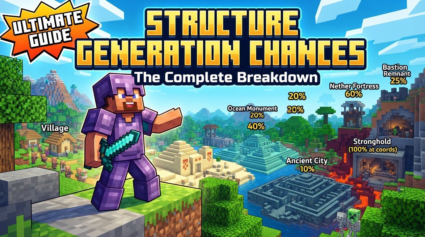 An overhead view of a Minecraft world showing various structures like a village, temple, and shipwreck scattered across different biomes.