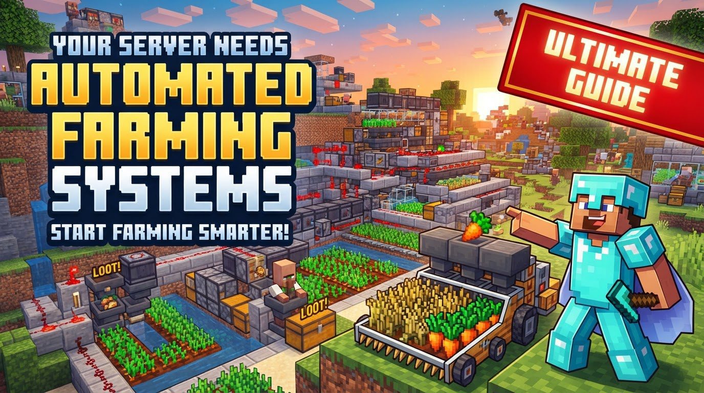 A complex automated farm in Minecraft, featuring rows of crops, pistons, observers, and water channels leading to a chest collection system.