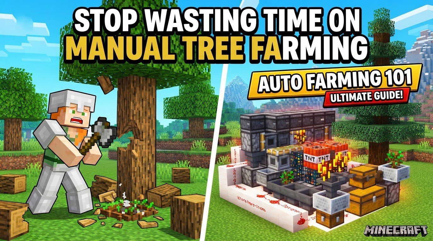 A complex Redstone-powered farm with pistons, observers, and TNT, automatically harvesting a variety of trees and fungi, with collected logs flowing into chests.