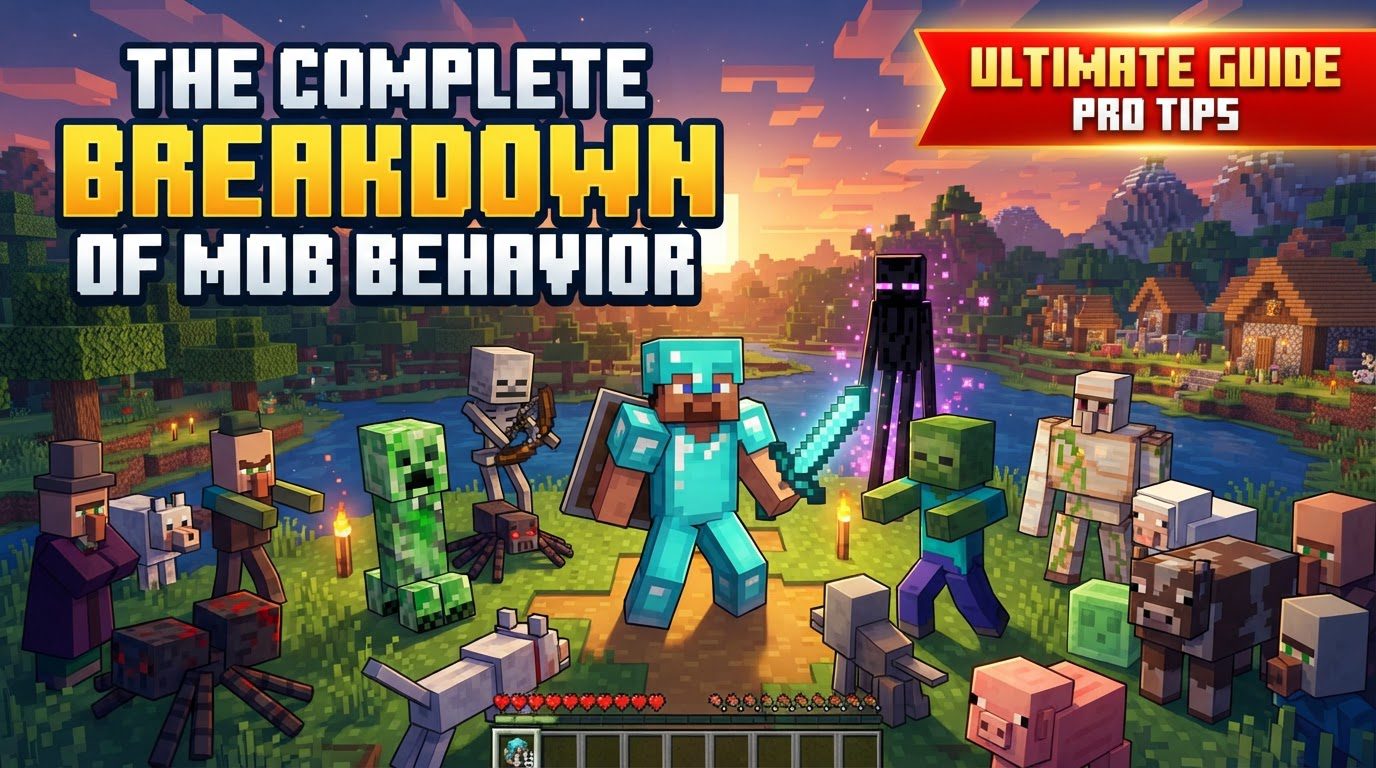 A player observing various Minecraft mobs like a zombie, skeleton, and cow in a diverse landscape.