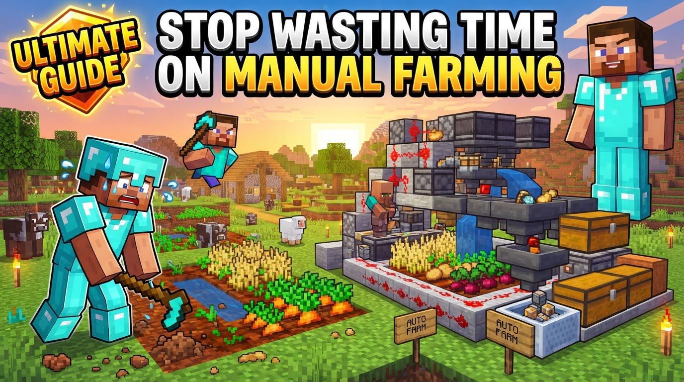A sprawling Minecraft base with various automated farms running simultaneously, including a villager crop field, sugarcane lines, and an iron golem trap, all connected by water streams and hoppers leading to a central storage area.
