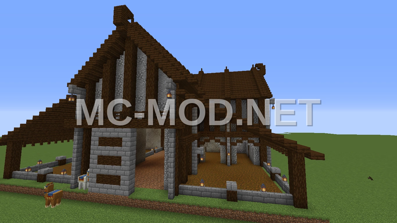Medieval Barn – Dark Oak & Cobblestone Structure