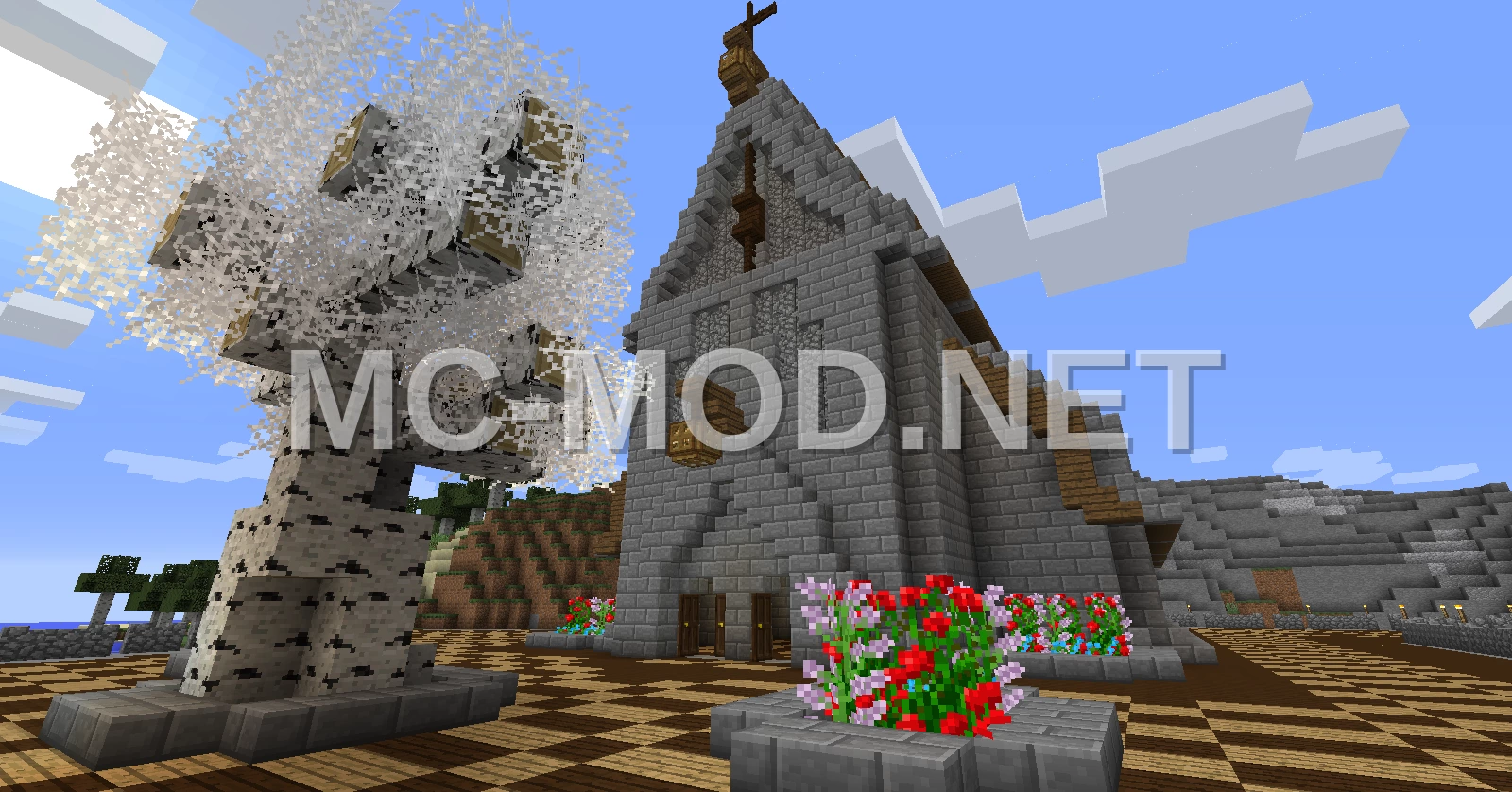 Medieval Church With White Tree