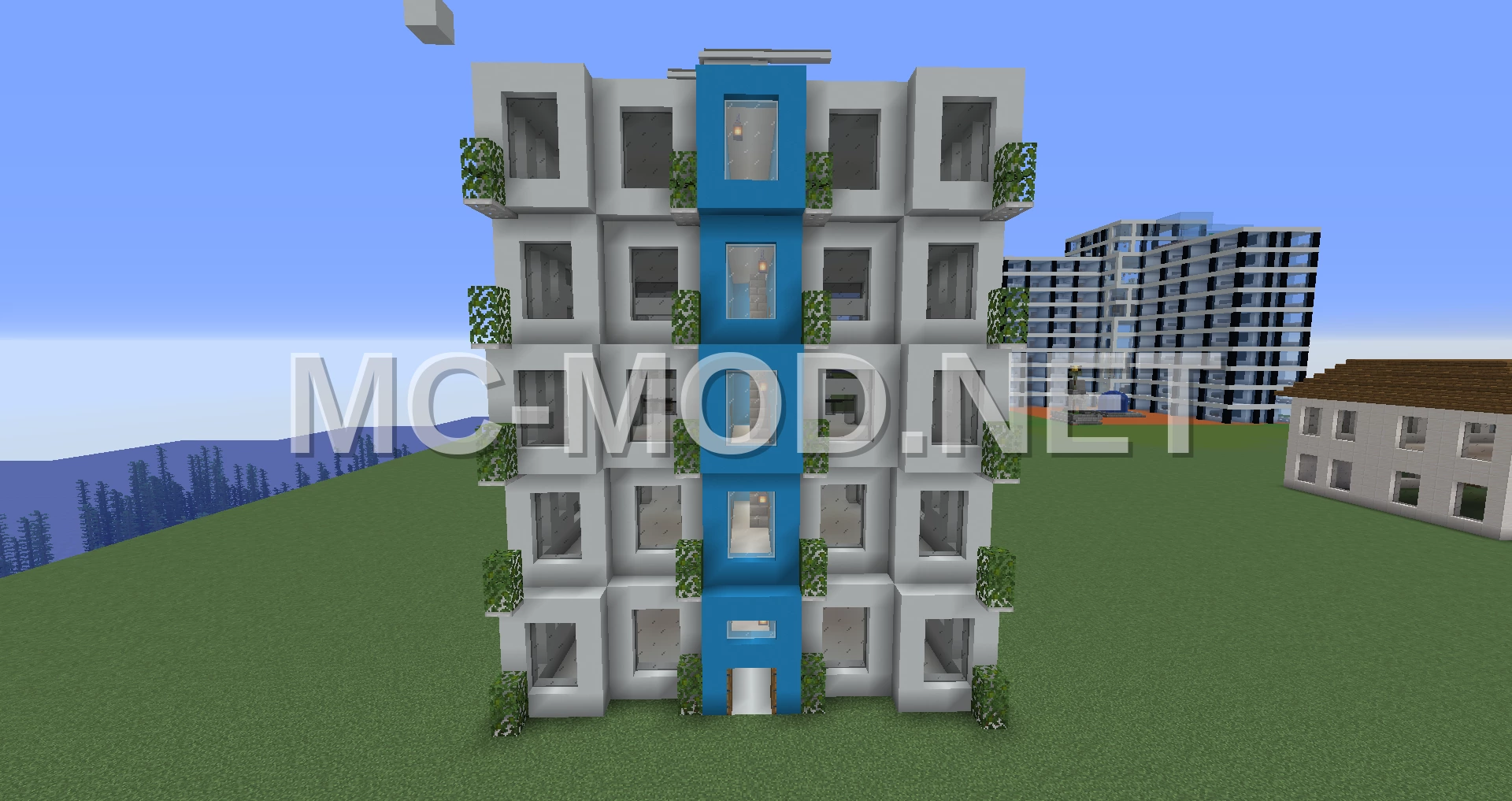 Modern Apartment Tower – White & Blue Concrete