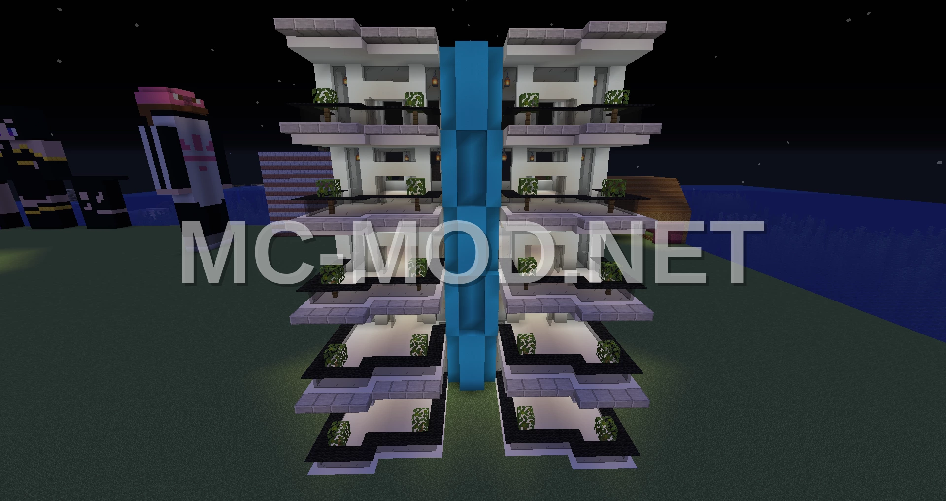 Modern Apartment Tower – White & Blue Concrete