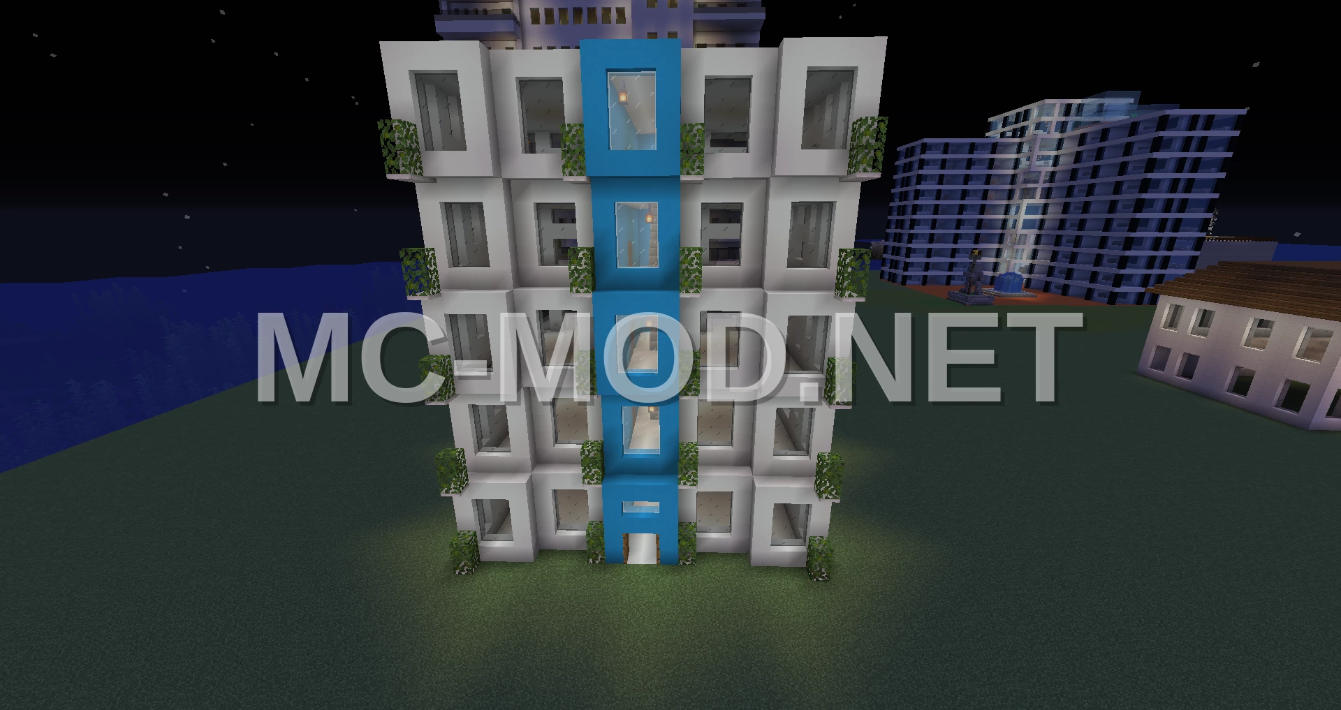 Modern Apartment Tower – White & Blue Concrete