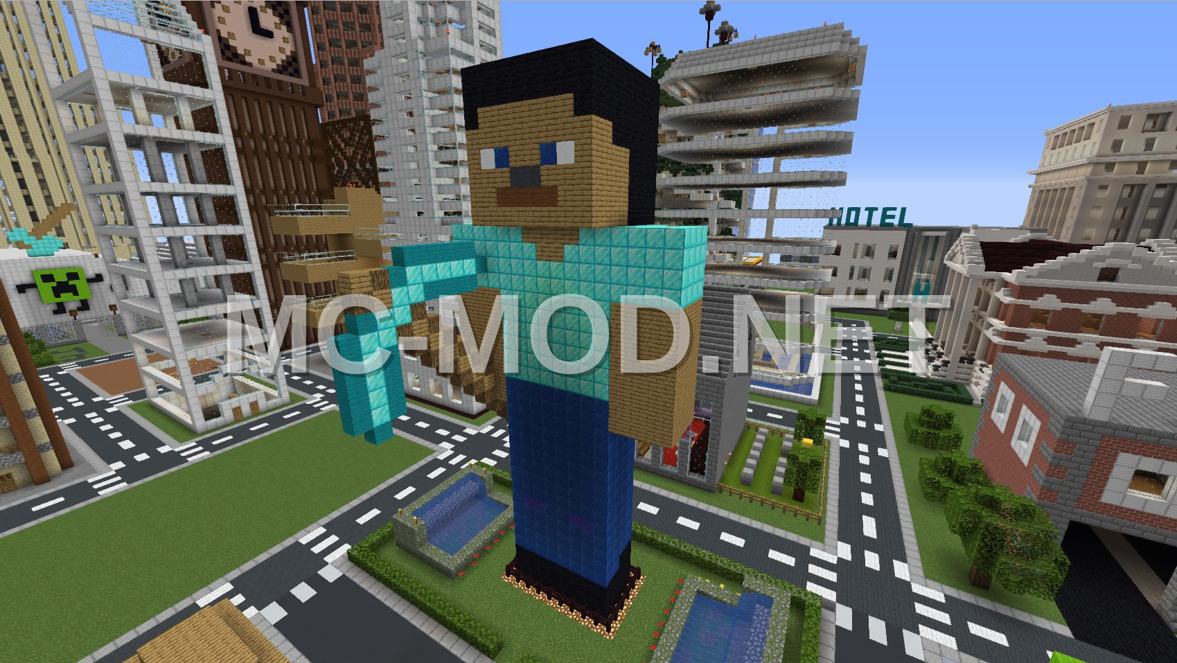 Steve Statue With Garden And Waterfalls