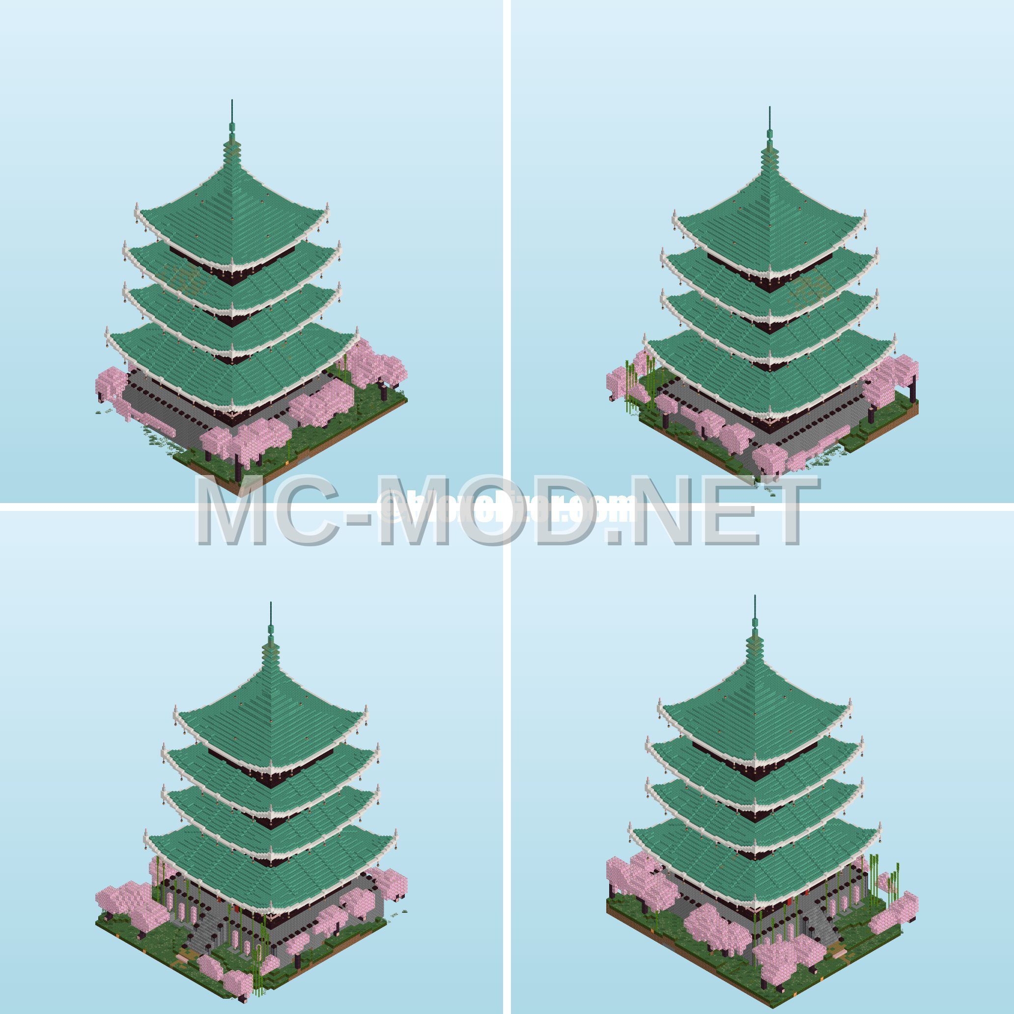 Japanese Pagoda With Cherry Leaves Accent