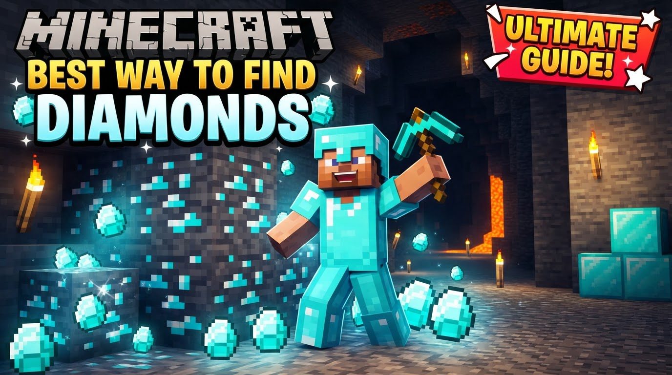 A player mining for diamonds in a deep underground cave, surrounded by stone and a visible diamond ore block.
