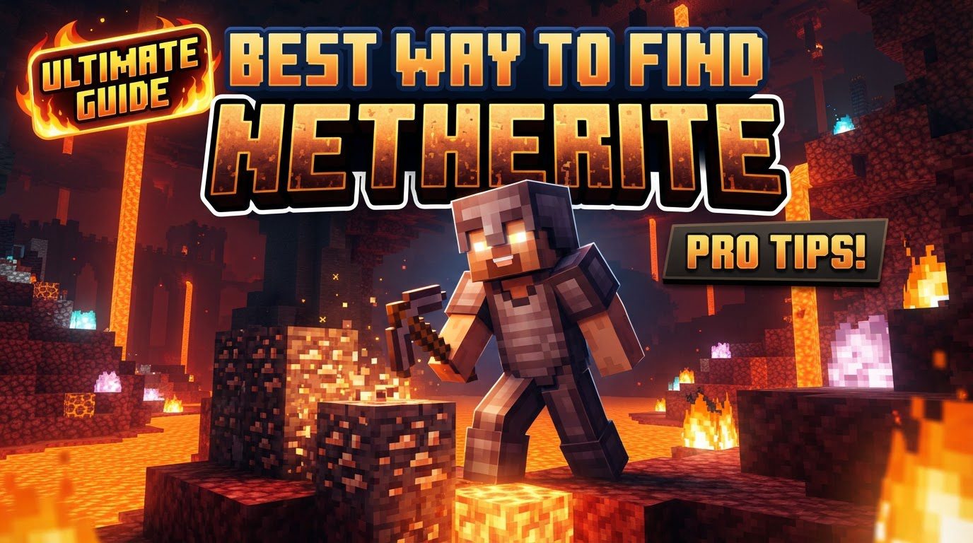 A Minecraft player stands in a mined-out tunnel in the Nether, surrounded by red Netherrack, with a few blocks of dark Ancient Debris visible.