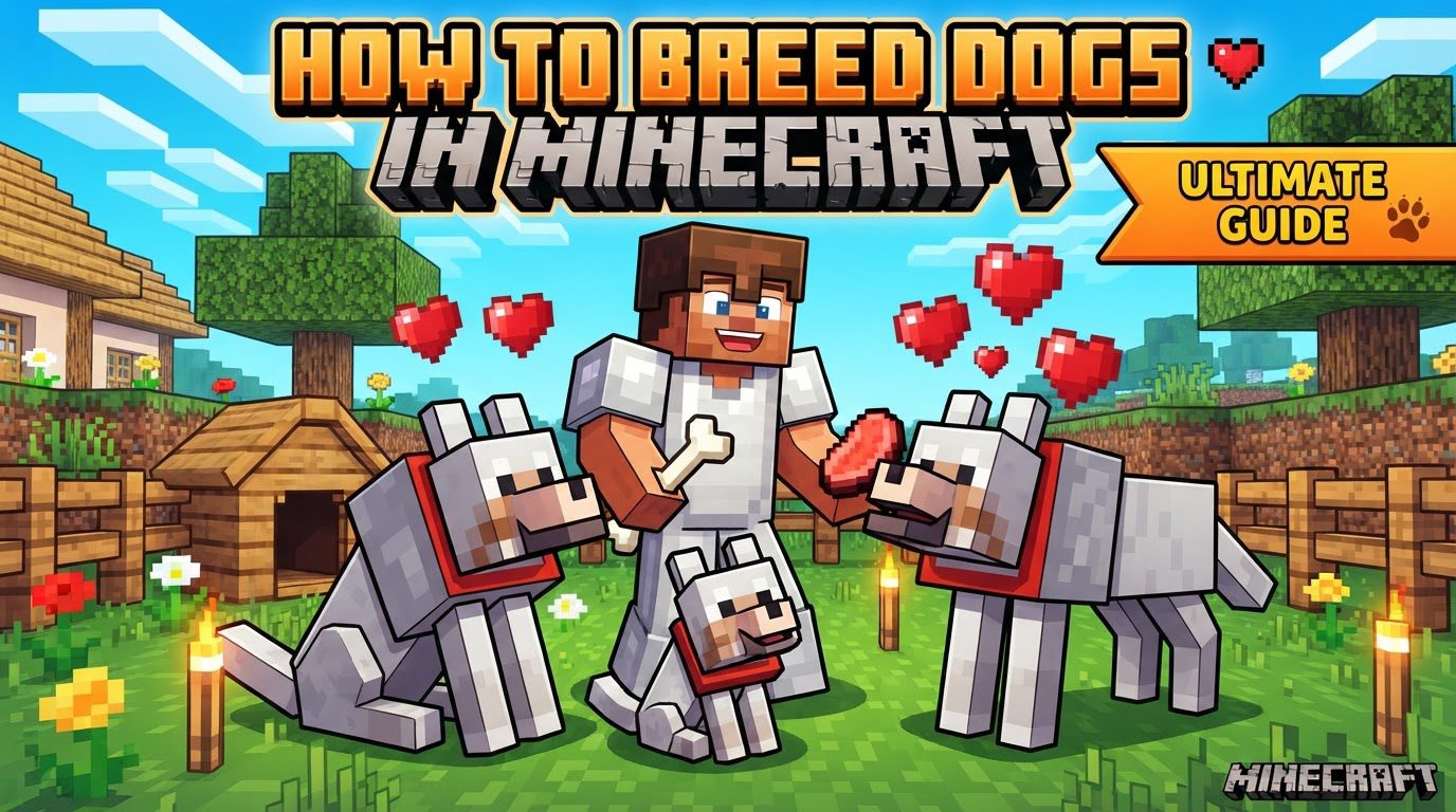 Two tamed Minecraft wolves, one brown and one grey, are surrounded by red hearts, while a small wolf pup stands between them in a grassy pen.