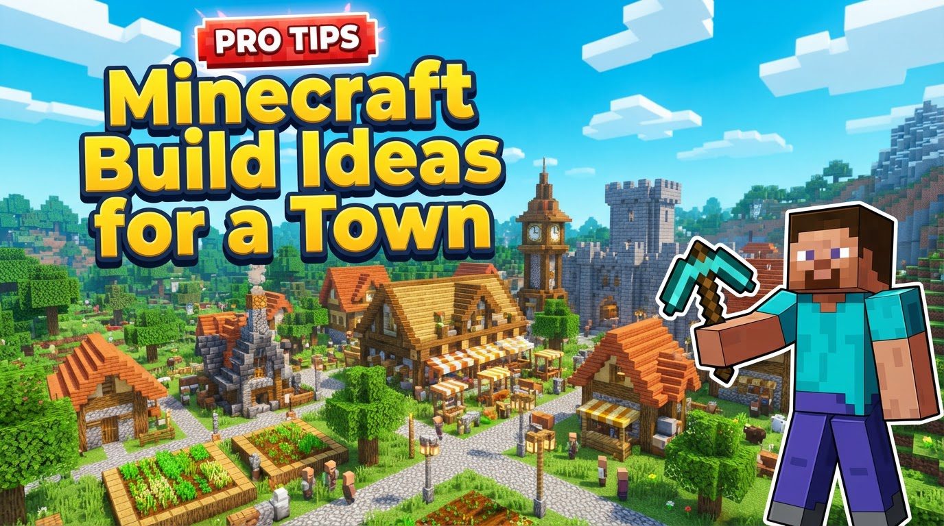 An aerial view of a bustling Minecraft town featuring a variety of architectural styles, winding roads, a central plaza with a fountain, and lush green parks, all under a clear blue sky.