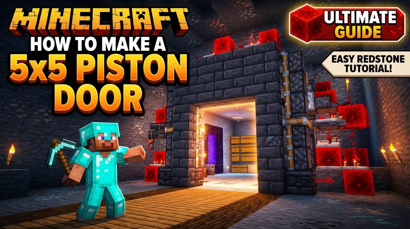 A grand 5x5 piston door made of smooth stone, seamlessly integrated into a large castle wall, with hidden redstone circuitry.