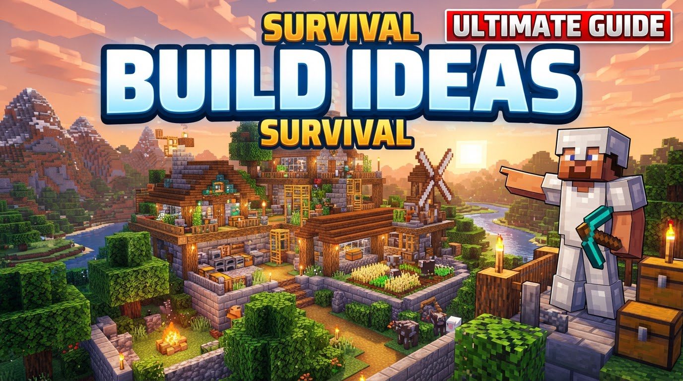 A grand survival base in Minecraft, featuring a large stone and wood house, a fenced animal pen, a crop farm, and a Nether portal, all under a clear sky.