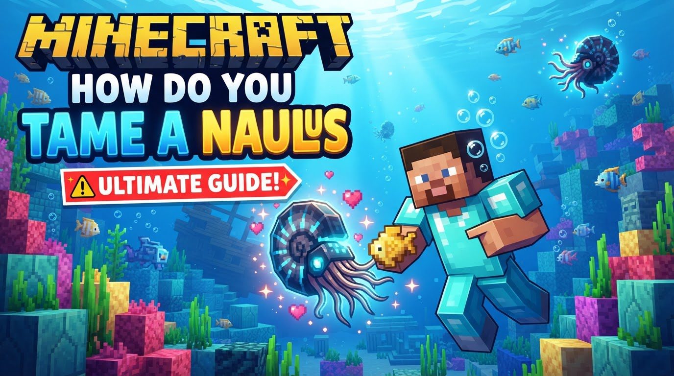 A player riding a tamed Nautilus through a vibrant coral reef, surrounded by fish and ocean plants.