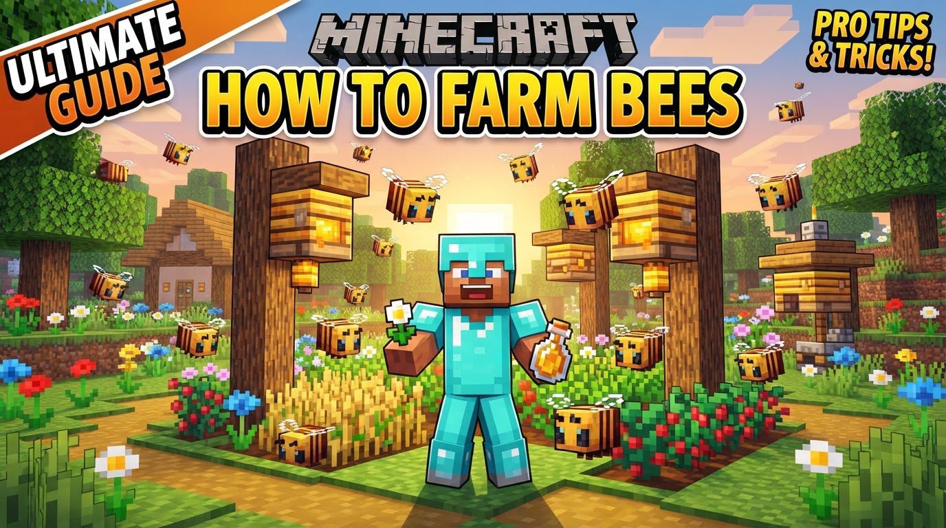 A vibrant Minecraft bee farm with multiple bee hives, dense patches of colorful flowers, and a player harvesting honey bottles.