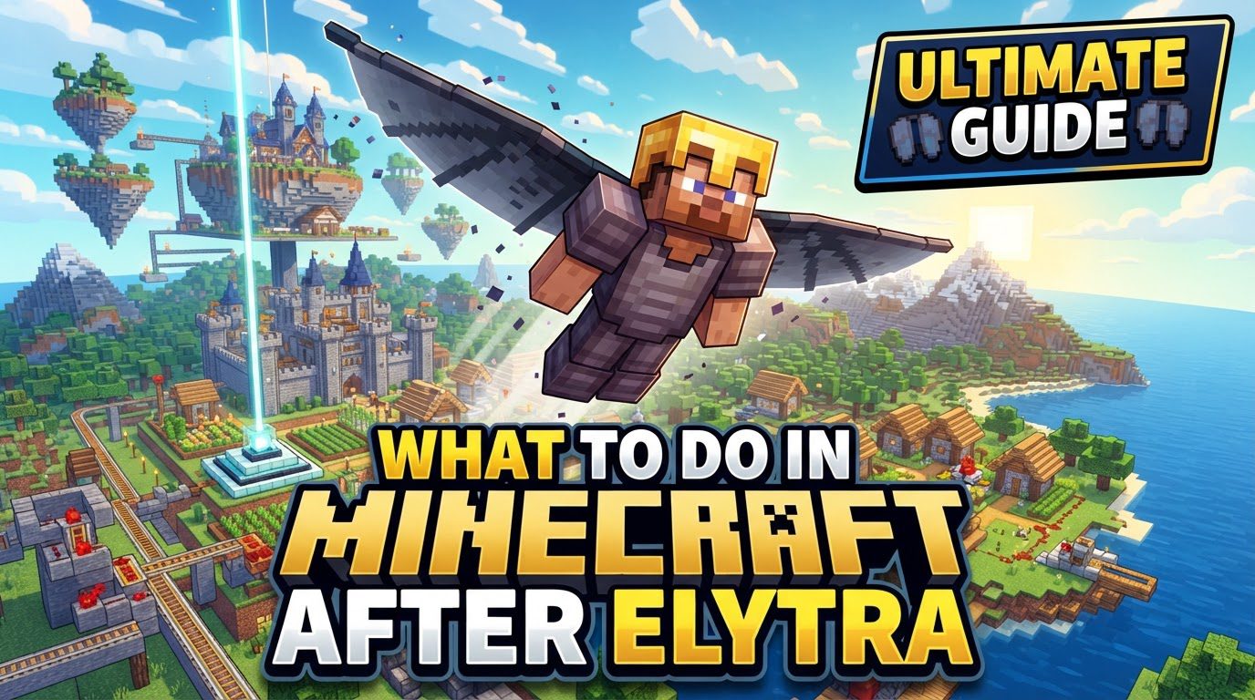 A player in full Netherite armor, soaring over a vast, intricate mega-base at sunset using an Elytra and fireworks, with a Beacon beam shining brightly in the distance.