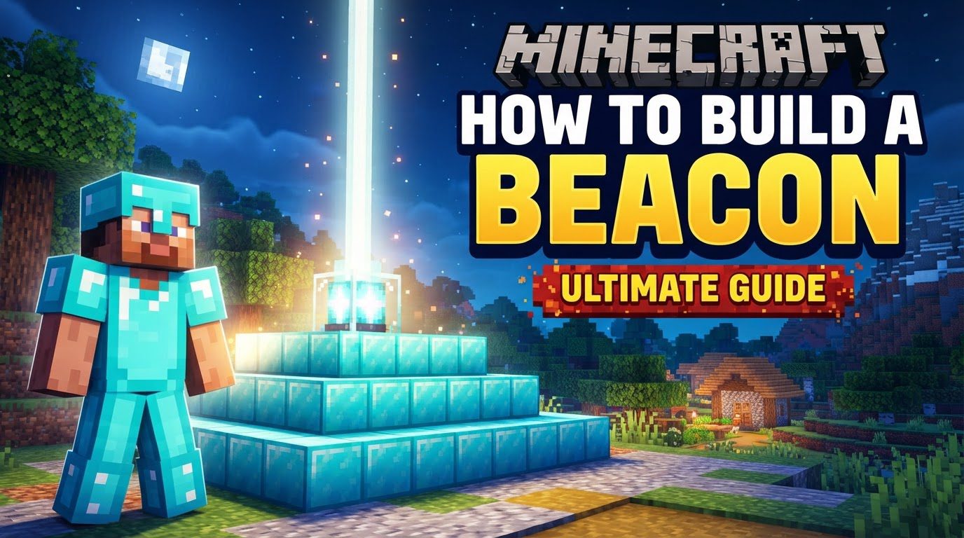 A towering beam of light erupts from a pyramid of golden blocks, piercing the sky in a Minecraft world.