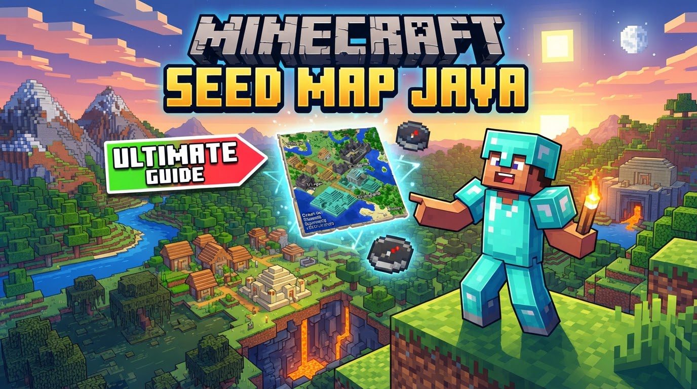 An overhead map of a Minecraft Java world, displaying various biomes, structures like villages and strongholds, and coordinate markers.