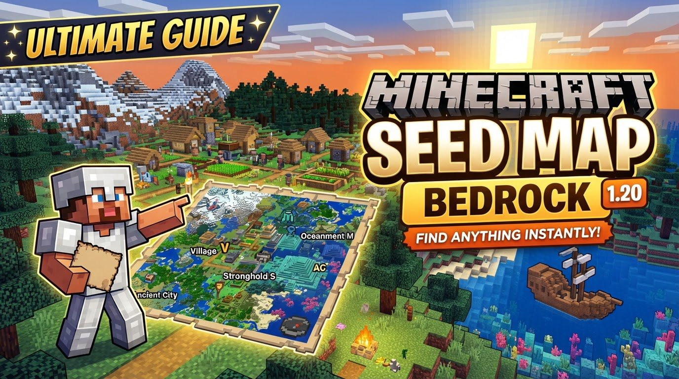 A vibrant Minecraft landscape featuring a diverse array of biomes, including snowy mountains, a lush forest, and a desert village, all generated from a unique seed.