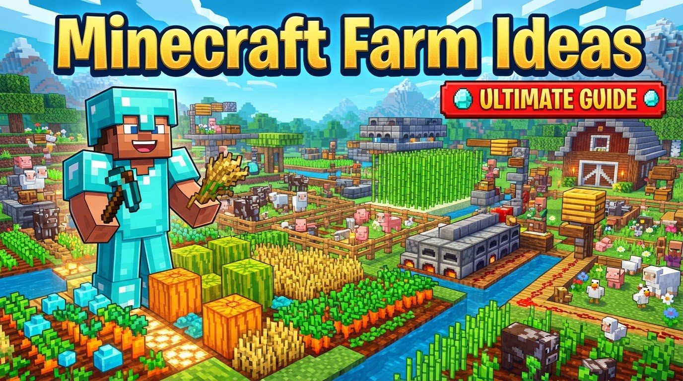 An overhead view of a diverse Minecraft farm, featuring automated wheat fields, a fenced area for mob spawning, and a small villager trading hall, all integrated into a lush green landscape.