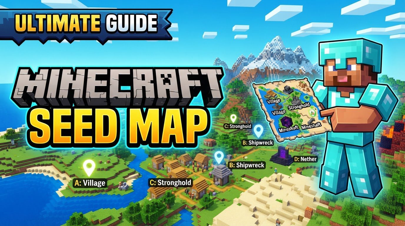 An overhead digital map of a Minecraft world showing various colored biomes, structural icons like villages and strongholds, and coordinate markers.