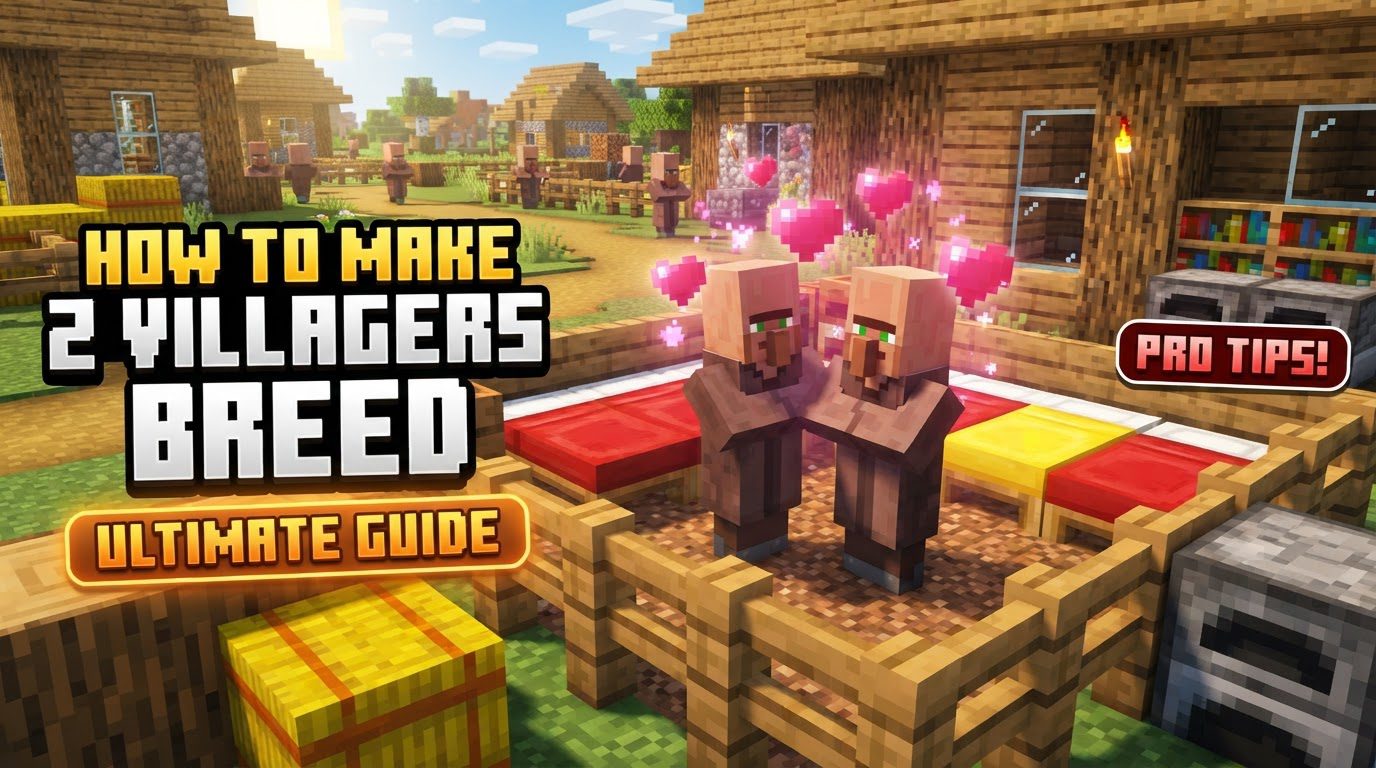 Two Minecraft villagers standing close to each other with heart particles floating above their heads, next to several beds inside a well-lit, enclosed stone room.
