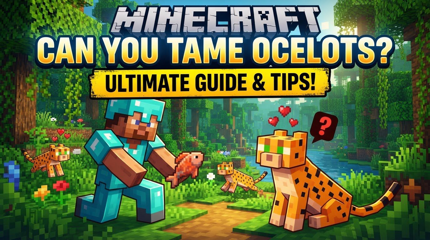 A player cautiously approaching a spotted ocelot in a lush Minecraft jungle biome, holding raw fish.