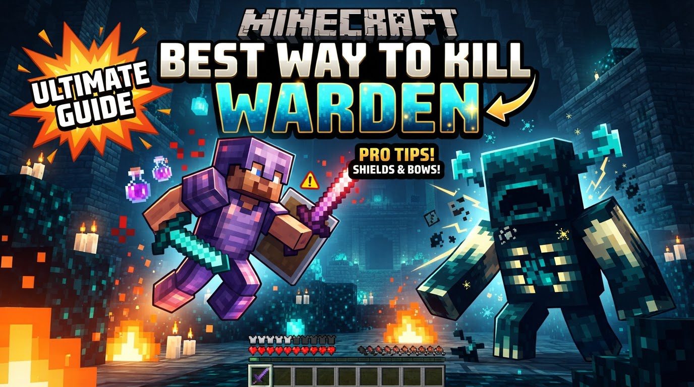A player in full netherite armor firing a bow at a glowing Warden in a dark Ancient City.