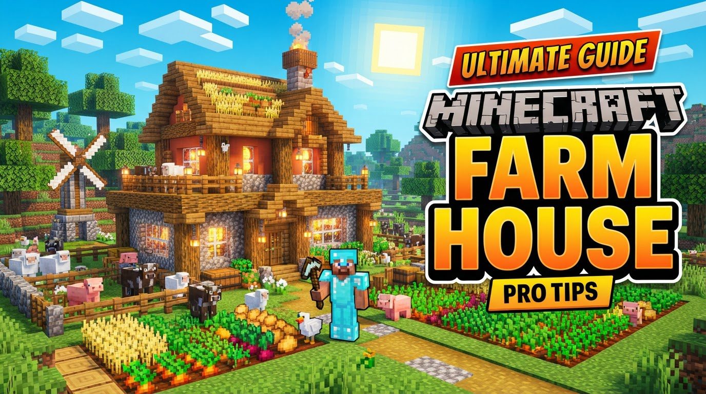 A cozy Minecraft farmhouse made of wood and stone, with a small crop field and lanterns illuminating the entrance at dusk.