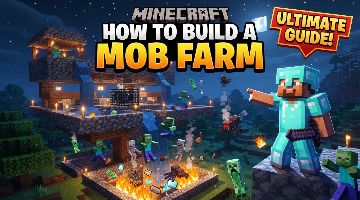 A complex Minecraft mob farm structure with dark spawning platforms, water channels, a central drop chute, and a player standing on an AFK tower above it.