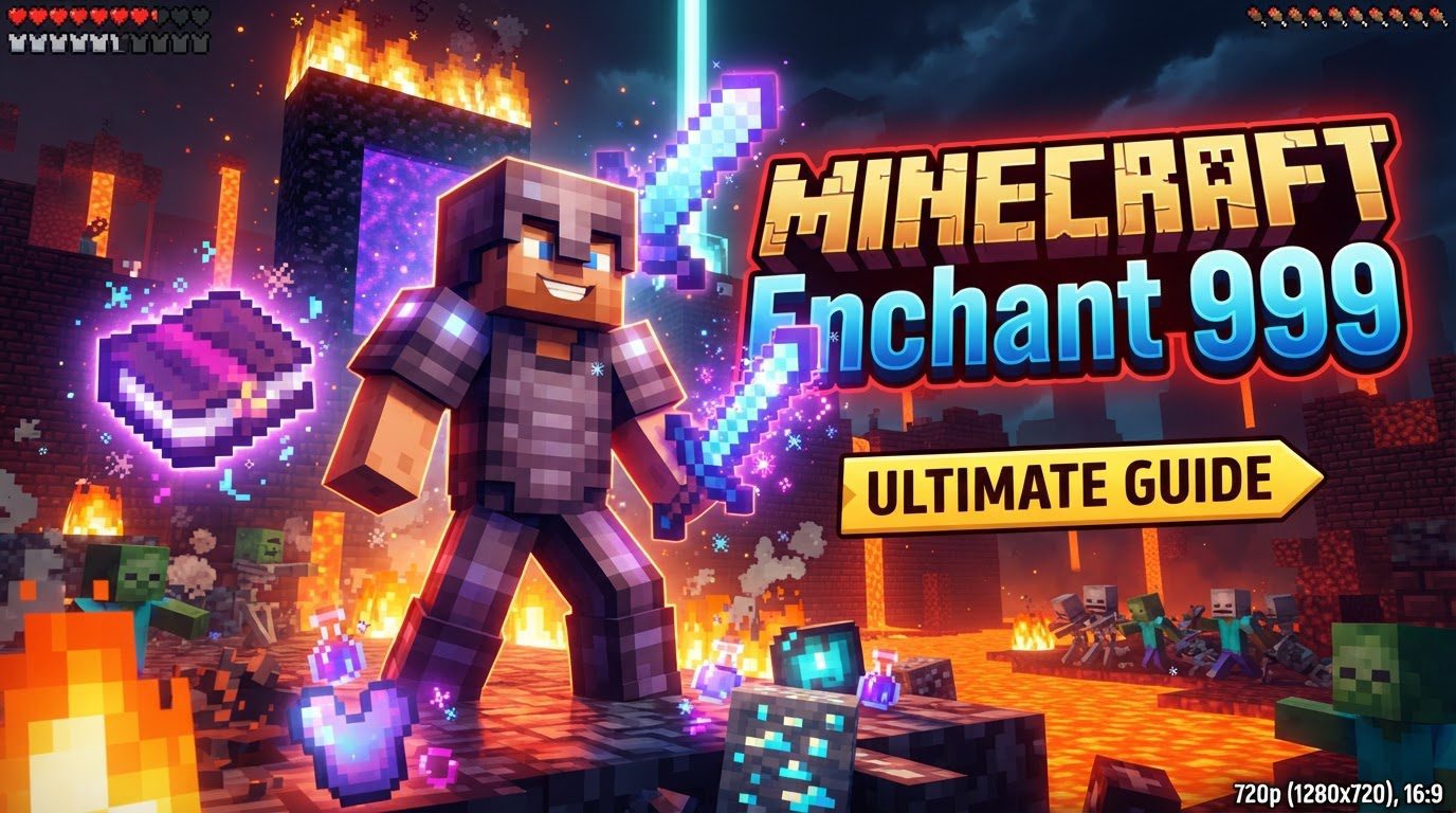 A player holding a diamond sword glowing with multiple enchantment effects, standing in front of a command block with text showing a complex /give command.