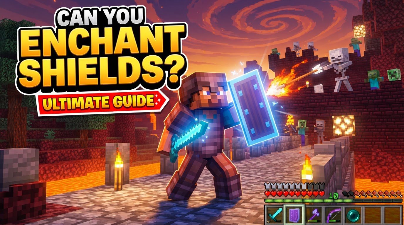A player character holding a highly enchanted shield, glowing with purple magic, while battling a horde of zombies in a dark cave.