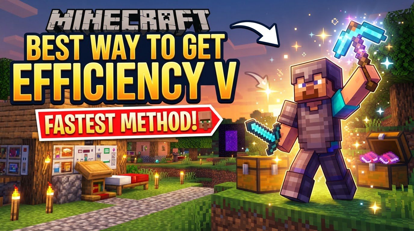 A Minecraft player using an Efficiency V pickaxe to rapidly mine through stone in a cave.