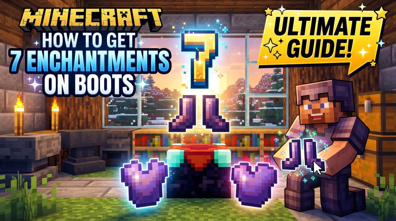 A player character wearing highly enchanted netherite boots, standing on a block of soul sand in the Nether, with a view of a villager trading hall in the background.