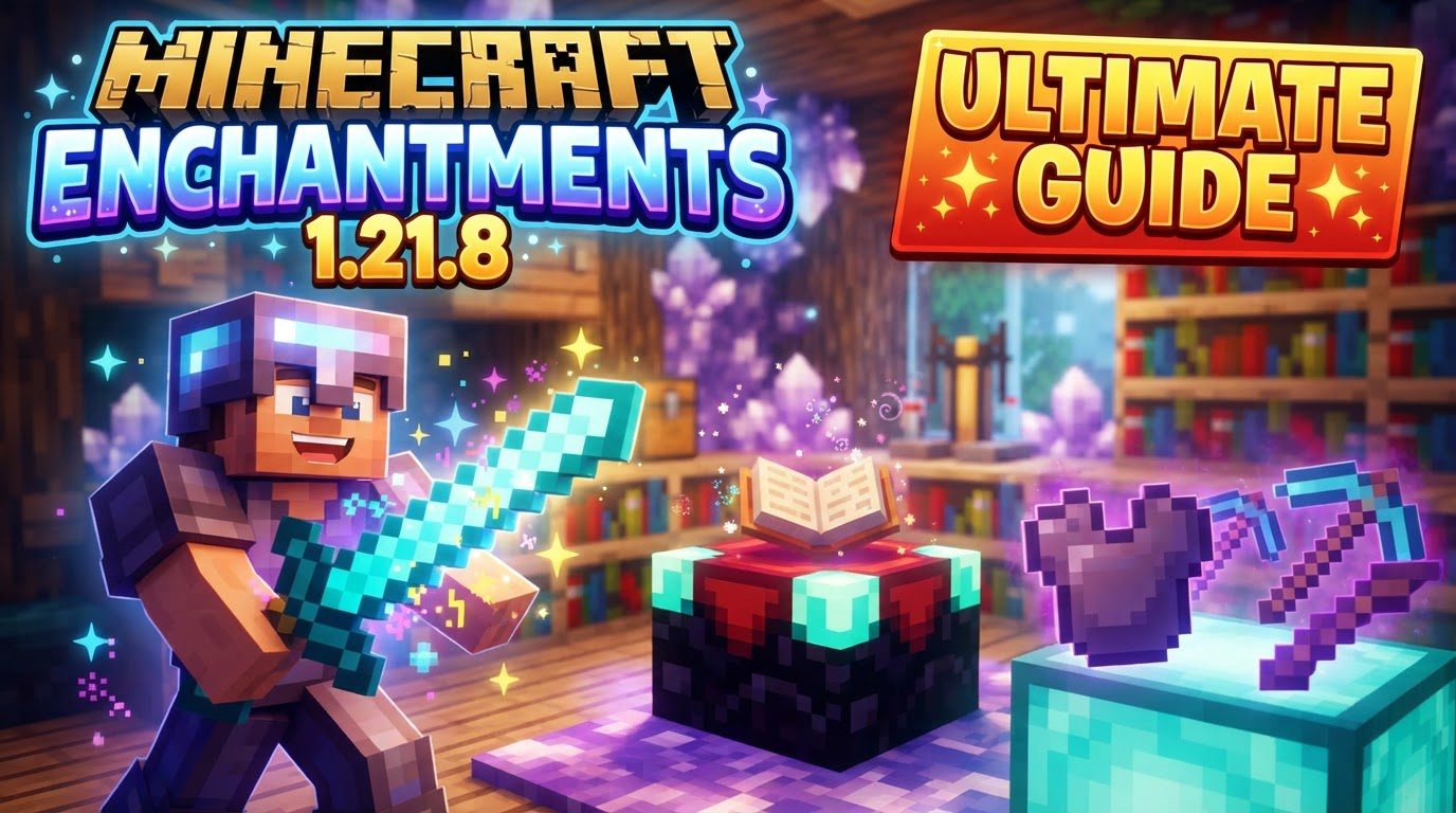 An adventurer in full enchanted diamond armor stands proudly beside a glowing enchanting table surrounded by neatly arranged bookshelves.