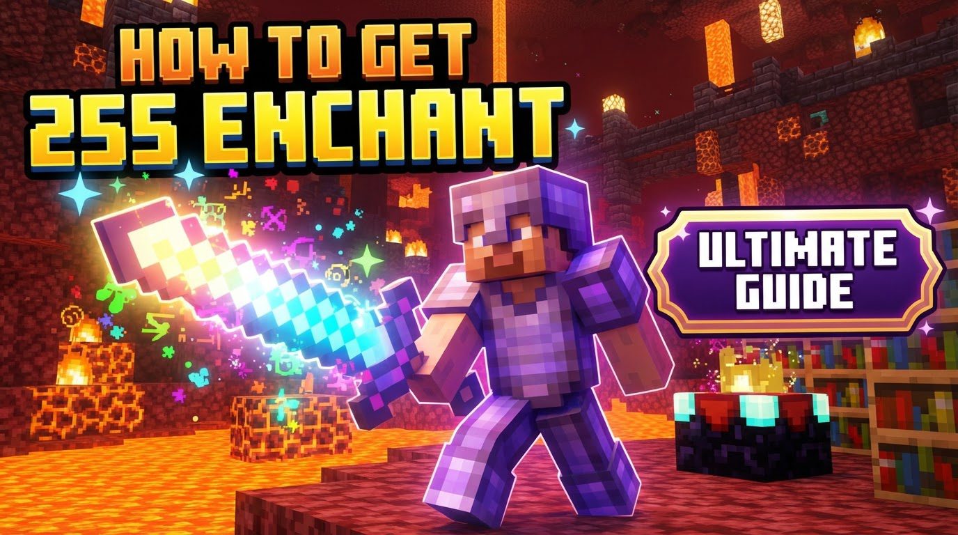 A player character holding a glowing netherite sword with a high enchantment level visual effect, standing in a lush Minecraft world.