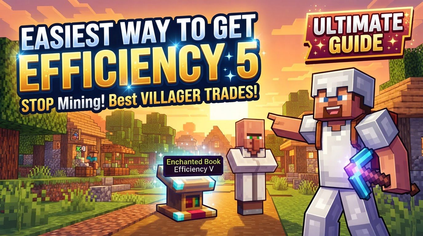 A player holding an enchanted pickaxe with a bright glow, standing in front of a neatly organized villager trading hall with multiple librarians.