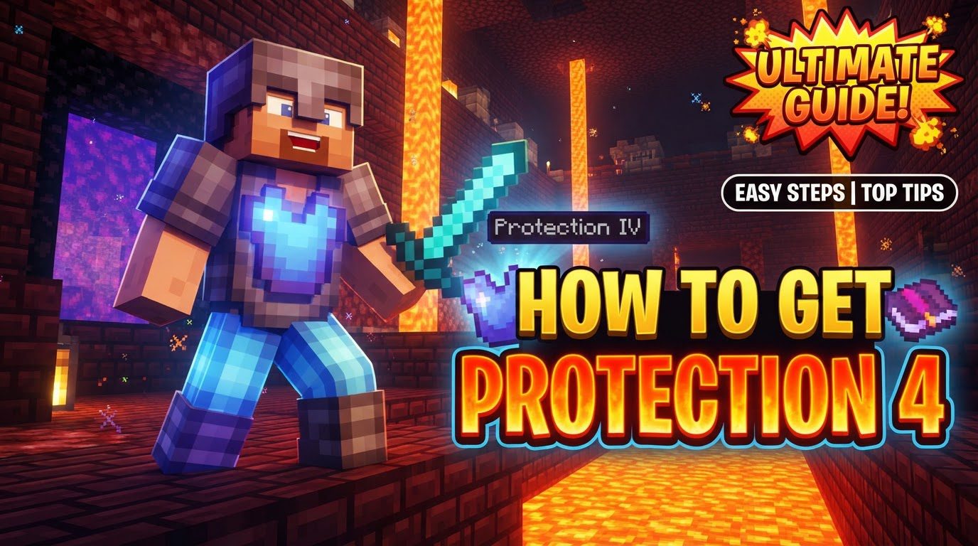 A player character in full enchanted diamond armor stands ready for adventure in a lush Minecraft world.