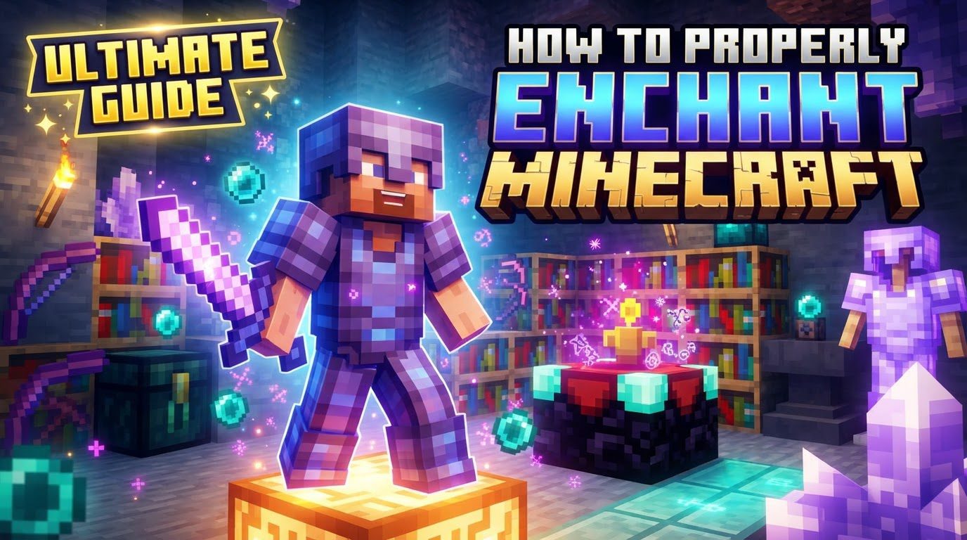 A player stands before an enchanting table surrounded by 15 bookshelves, with Lapis Lazuli and a diamond sword in the enchanting interface.