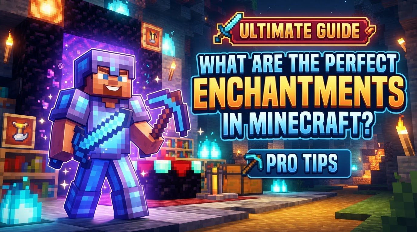 An enchanted diamond sword and pickaxe lying on an anvil next to an enchantment table surrounded by bookshelves.