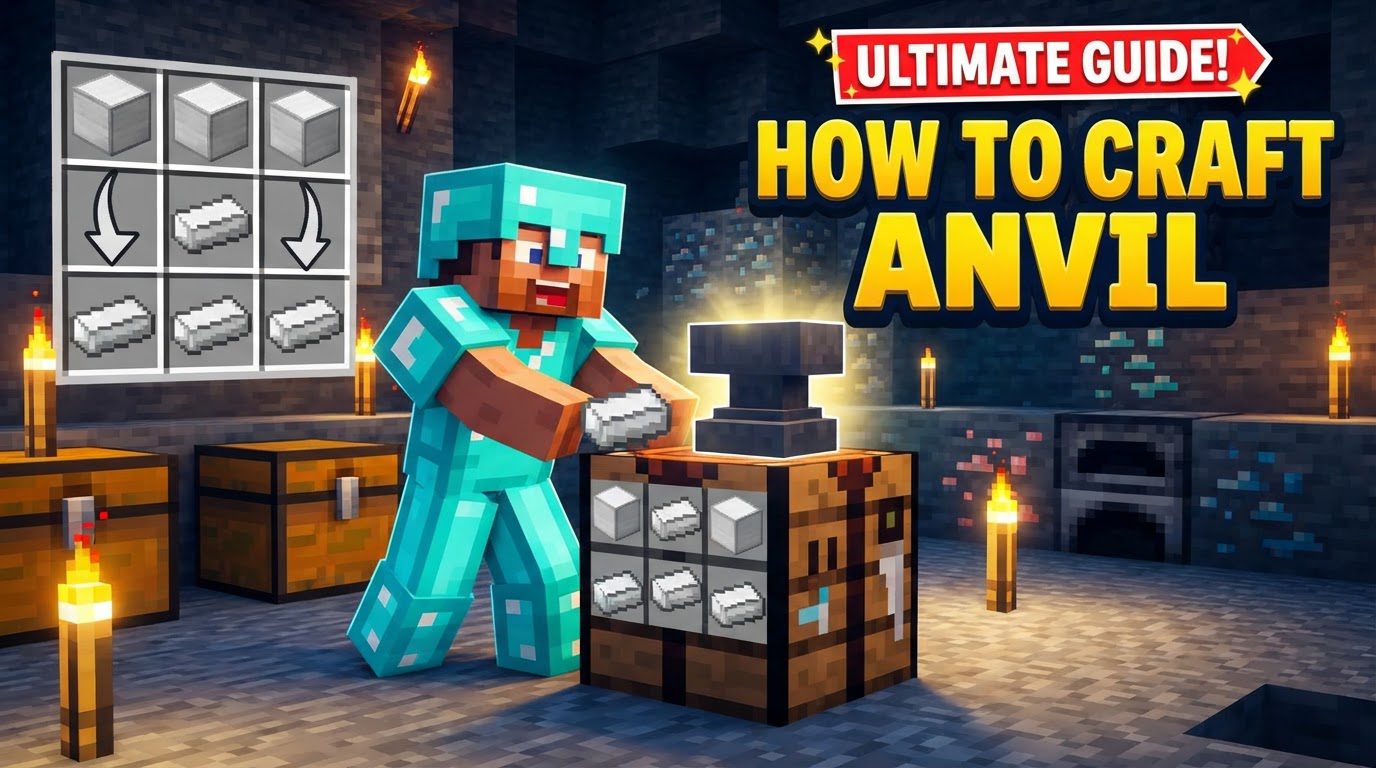 A detailed view of a Minecraft crafting table displaying the recipe for an Anvil, with three iron blocks on the top row, one iron ingot in the center of the middle row, and three iron ingots on the bottom row.