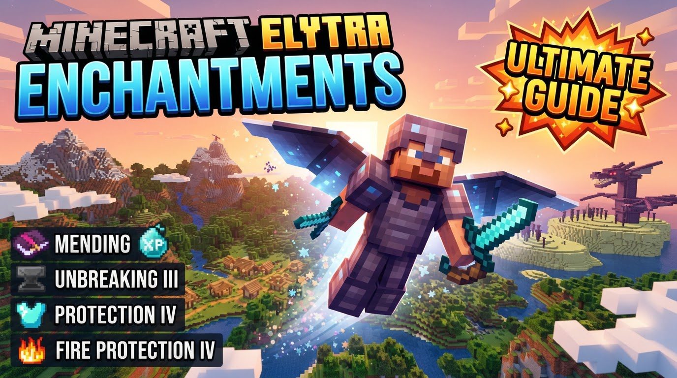 A player wearing an enchanted Elytra soars through a vibrant sunset sky above a lush forest, with an End City visible in the distant background.