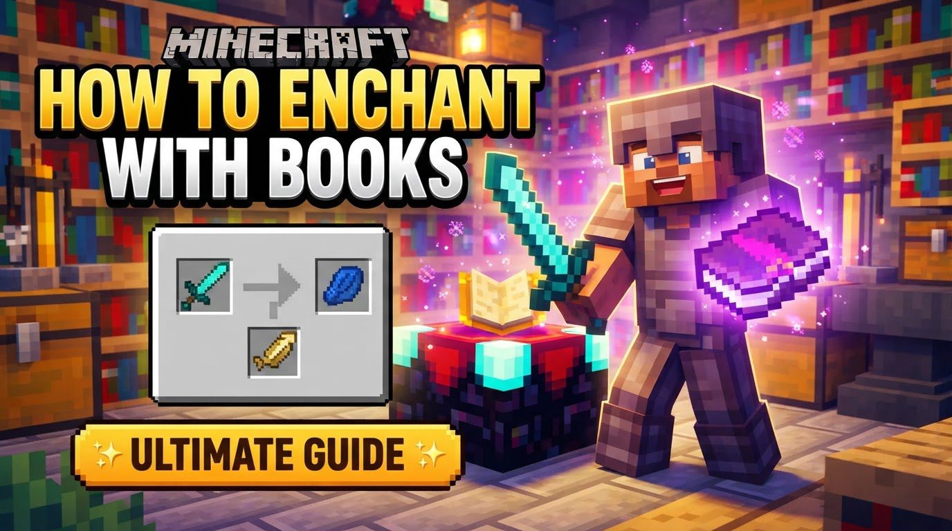 A player standing next to an anvil with an enchanted diamond sword in the output slot and an enchanted book floating nearby.