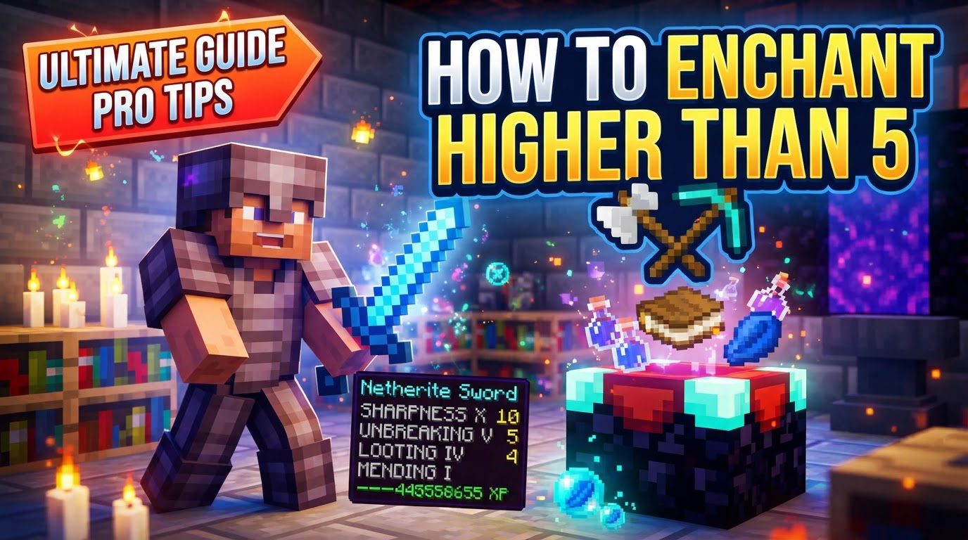 A player character holding a glowing diamond sword with an impossibly high enchantment level, standing in a fantastical, blocky landscape.