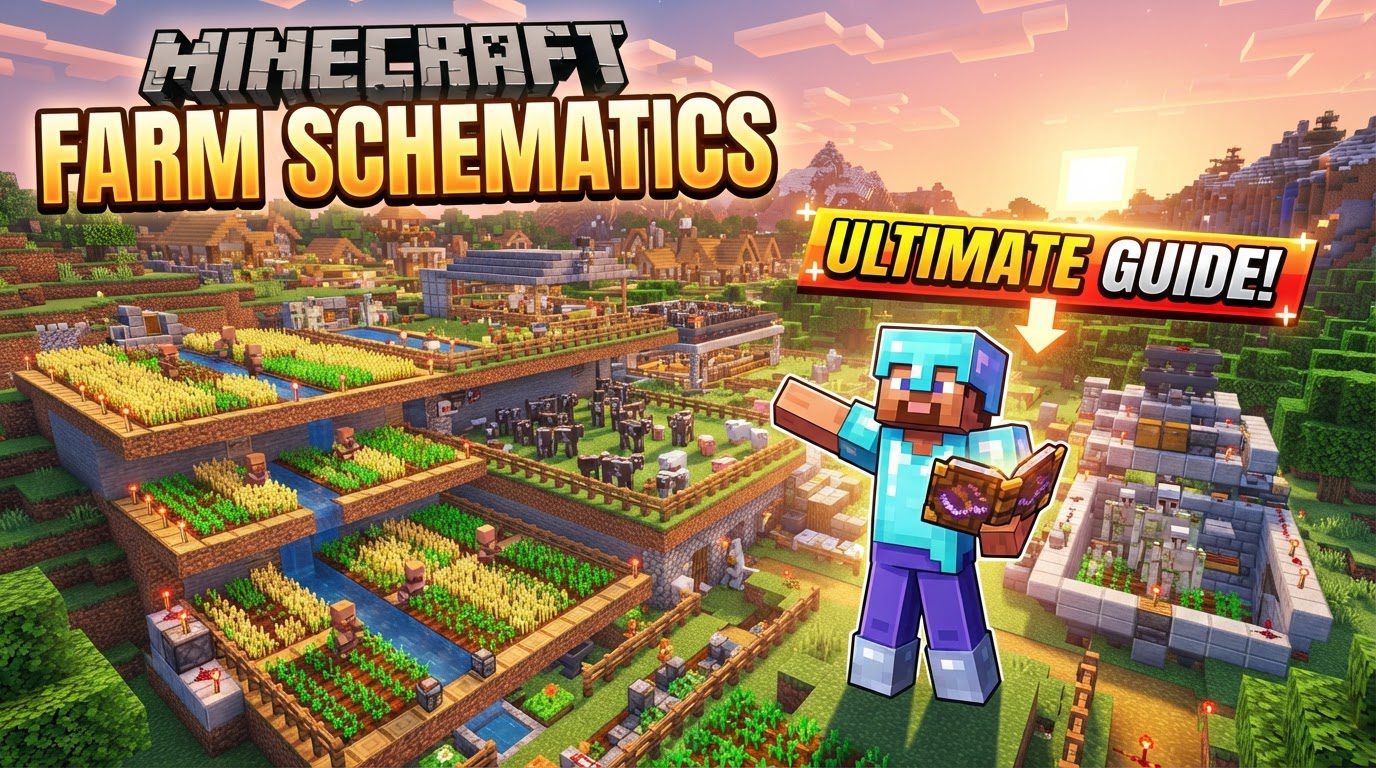 An intricate, multi-layered Minecraft farm with water streams, Redstone wiring, and collection hoppers visible, surrounded by lush crops.