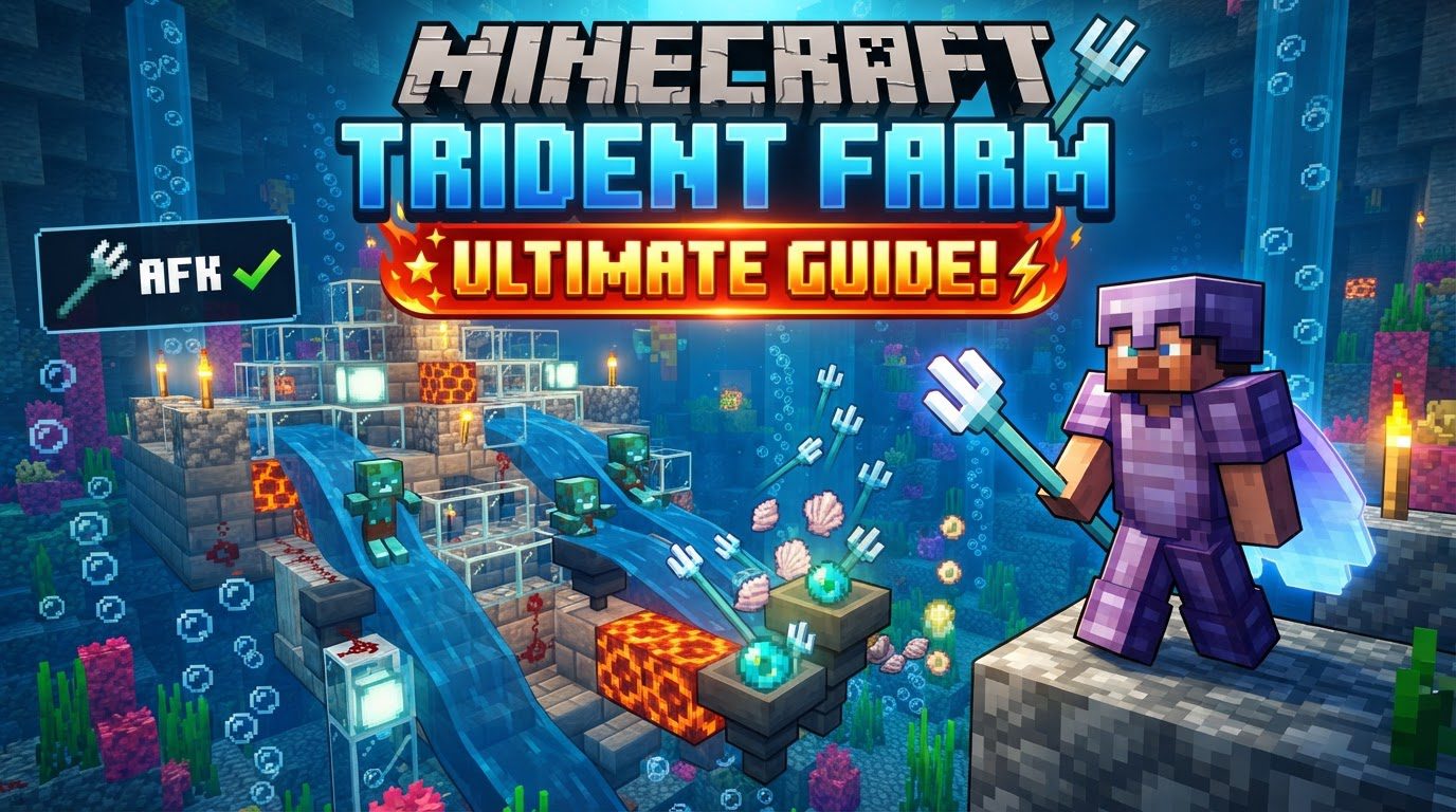A complex Minecraft mob farm structure built high in the sky over a river biome, with water channels funneling Drowned mobs towards a central collection point.