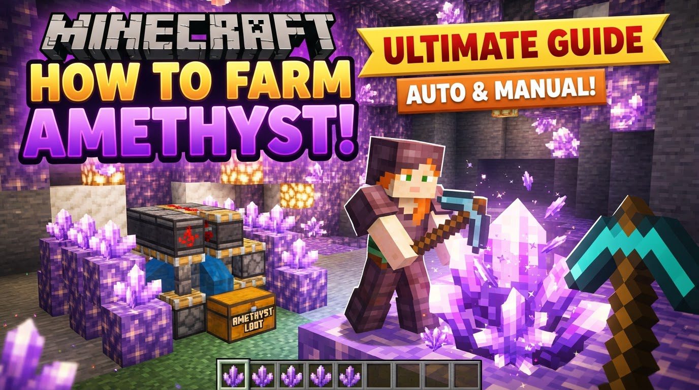 A player harvesting fully grown amethyst clusters inside a glowing amethyst geode, with Budding Amethyst blocks visible on the walls.