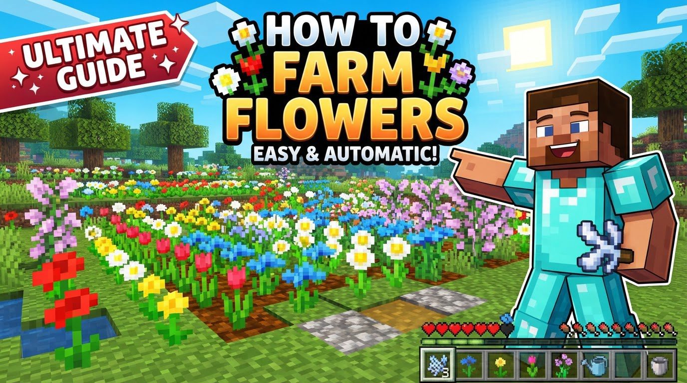 A vibrant Minecraft flower farm with various colorful flowers blooming on grass blocks, surrounded by active Redstone machinery and flowing water streams leading to hoppers.